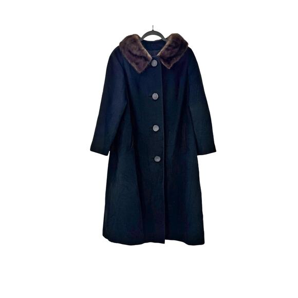 Vintage 100% Cashmere Fur Collar Overcoat Long Sleeve Black Size XL - Picture 3 of 8